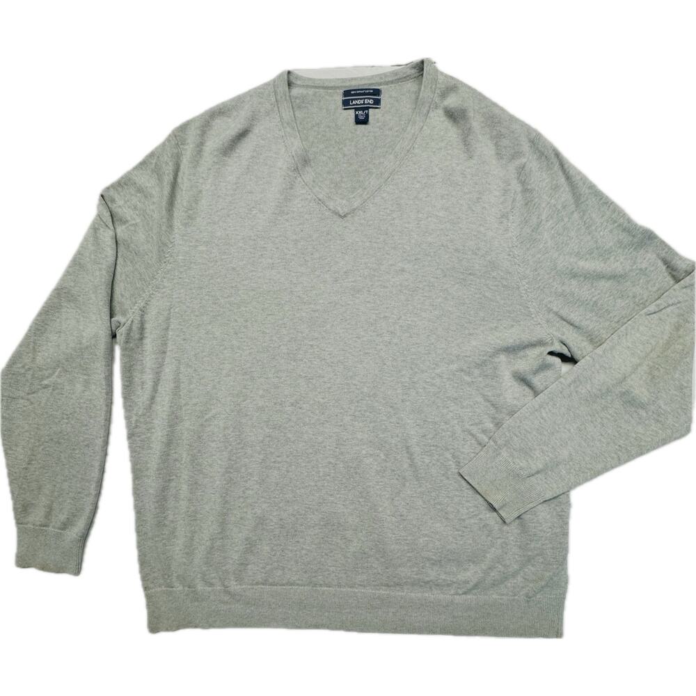 Lands' End Pullover V-Neck Cozy Soft 100% Supima Cotton Sweater Gray Men XXL/T